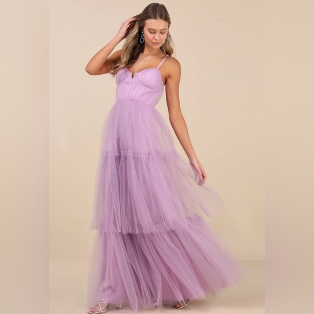 Lulu's Lavender Corset Top Tulle Layered Maxi Dress